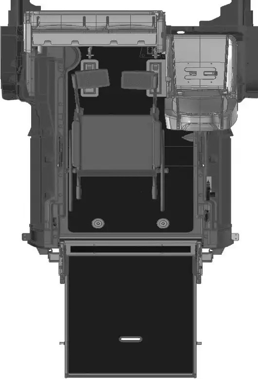 VBM : Vue de dessus d'un fauteuil roulant et banquette relevée dans le VW Caddy ou le FORD Tourneo Connect TPMR