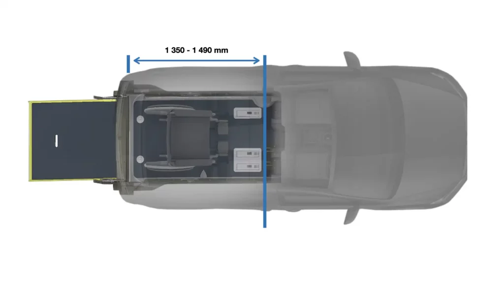 VBM : Vue de dessus du décaissement S avec dimensions du VW Caddy ou FORD Tourneo Connect TPMR