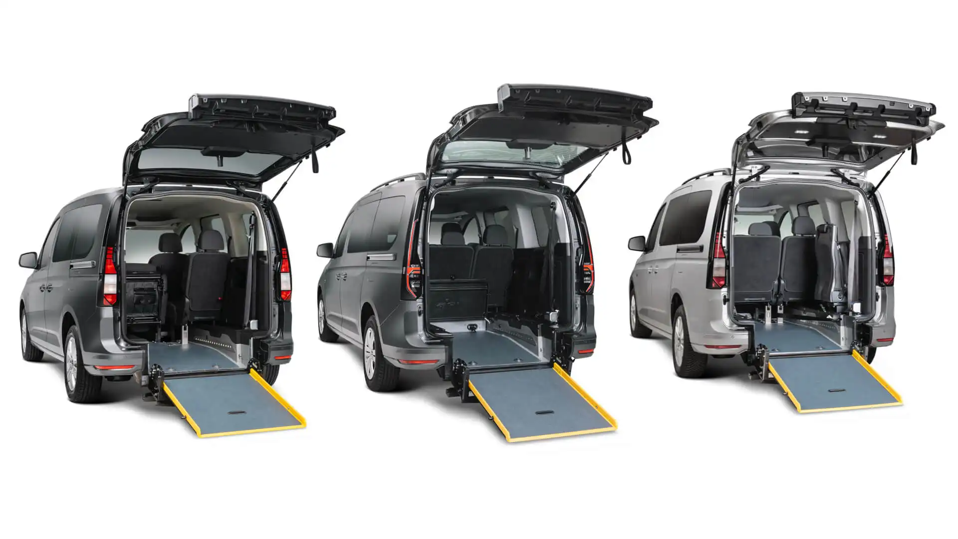 VW Caddy FORD Tourneo Connect véhicule TPMR boite automatique aménagement handicapé vue de derrière rampe ouverte