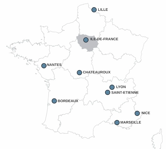 Carte de France qui illustre les villes éligibles à l'aide aux Taxi dans le cadre de JO 2024