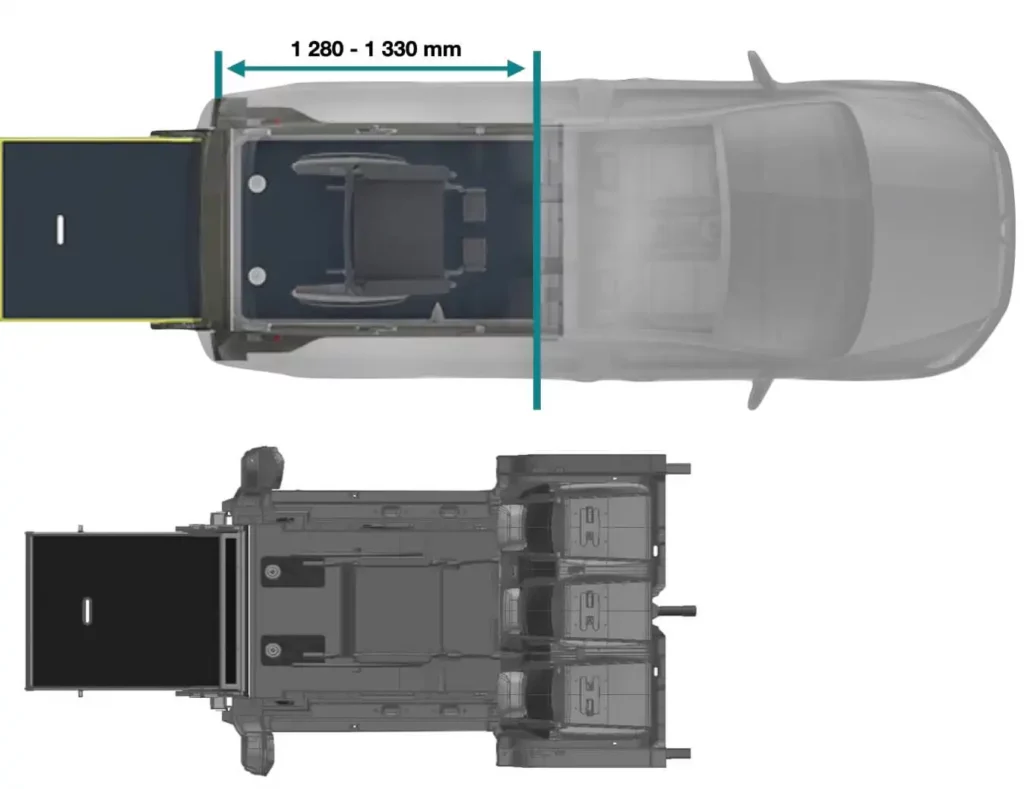 Vue de dessus du décaissement L avec dimensions du VW Caddy ou FORD Tourneo Connect TPMR