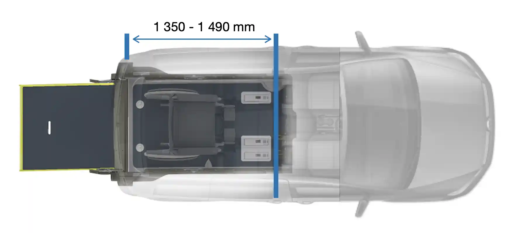 Dimensions vue de dessus de l'aménagement TPMR pour FORD Connect et VW Caddy taille S