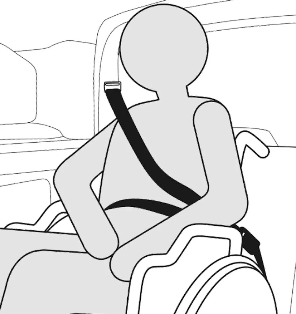 Illustration d'une personne en assise dans un fauteuil roulant avec une ceinture trois points qui le sécurise dans un véhicule TPMR