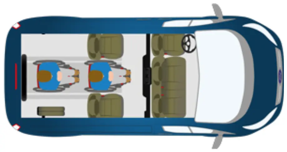 VBM : FORD Tourneo Custom TPMR disposition des passagers à l'intérieur vue de dessus- 5 passagers et 2 fauteuils roulants