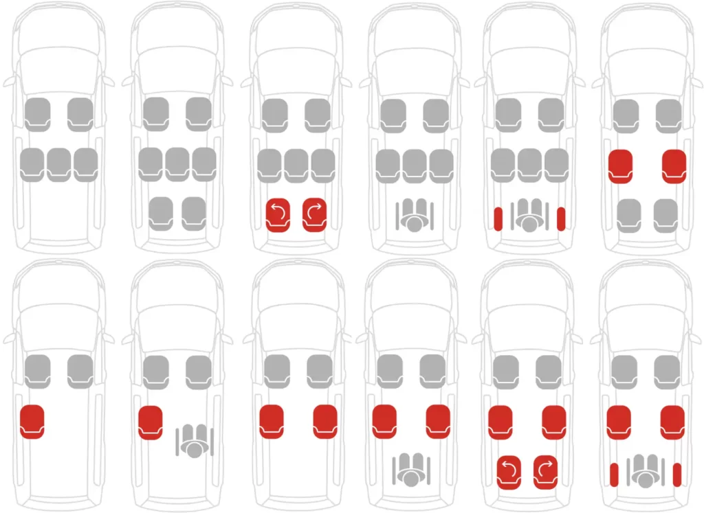 Schéma illustrant les aménagements spécifiques des véhicules pour personnes en situation de handicap avec 8 configurations possible dans des véhicules TPMR neuf ou d'occasion allant de 3 passagers à 7 passagers avec ou sans fauteuil roulant 