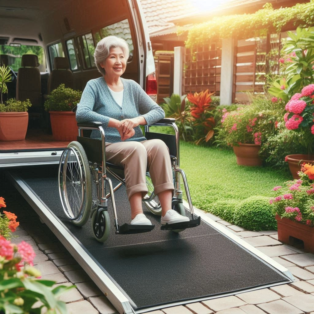 femme dans un fauteuil roulant sur une rampe tpmr